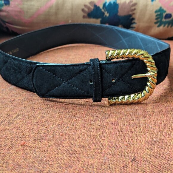 Vintage Sostanza Belt Buckle Pig Suede Gold Tone Twisted Rope Black Quilted 80’s - Picture 6 of 10